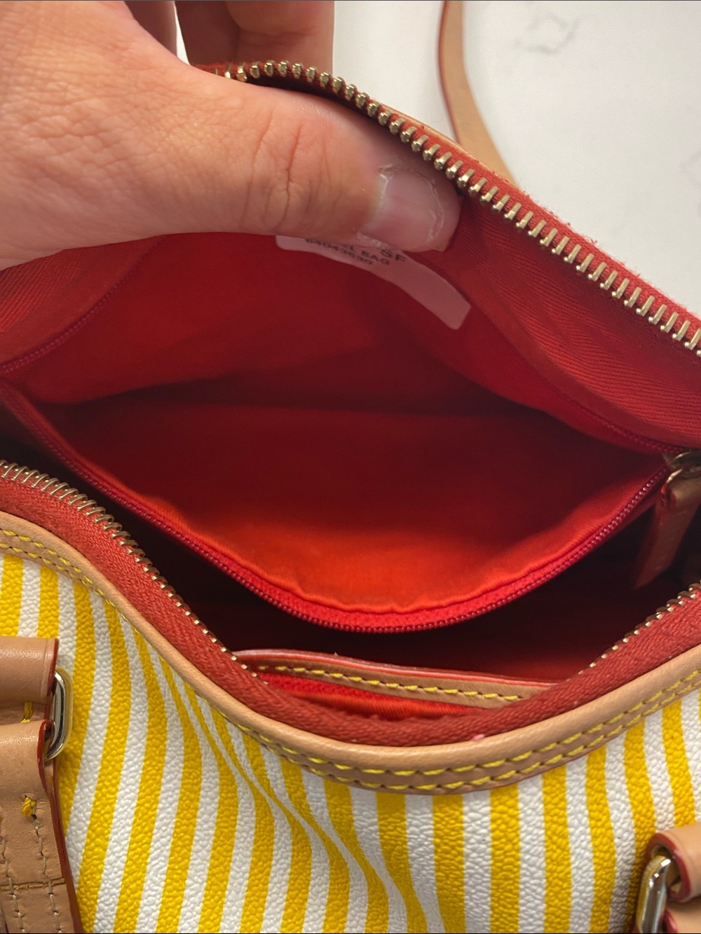 Dooney & Bourke Yellow & White Striped Barrel Shoulder Bag Tan Trim EUC ✨ - Picture 7 of 12